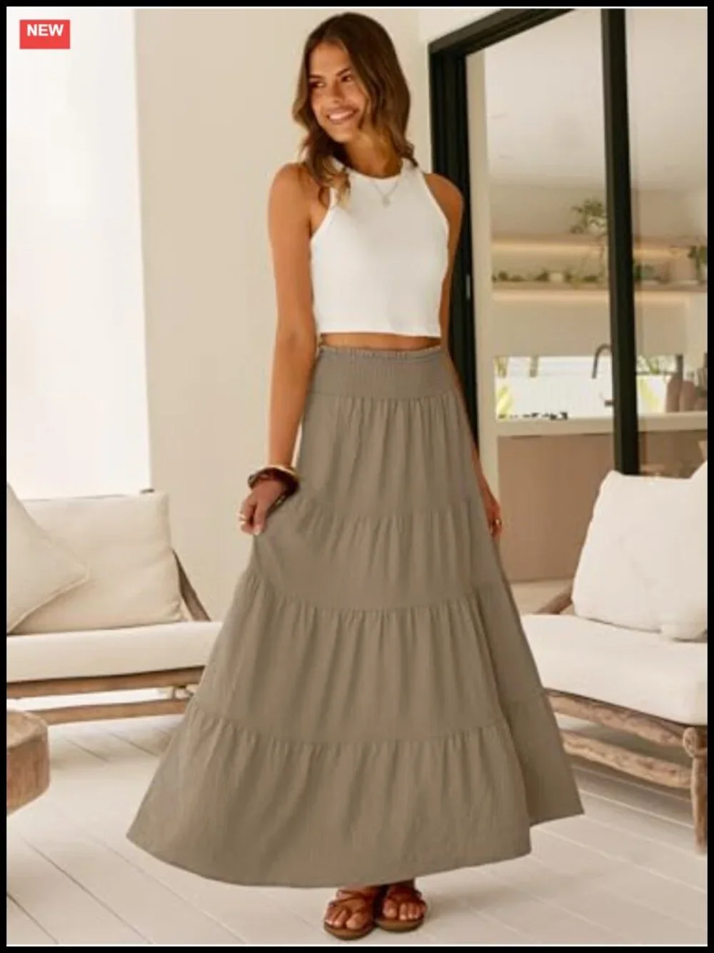 Women's Flowy Tiered Maxi Skirt Elastic High Waist A-Line Boho Long